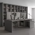 Modern Office Desk and Chair Set with Wooden Top Marble Background Bookshelves Computer and Lamp