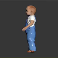 Bald Head Game Character In White T-shirt And Blue Overalls Standing On Dark Background