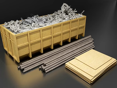 Public Facility Yellow Dumpster Filled With Scrap Metal Alongside Metal Pipes And Wooden Boards 3d model