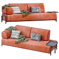 Modern Orange Leather Sectional Sofa With Decorative Pillows Throw Blanket And Side Tray Table 3d model