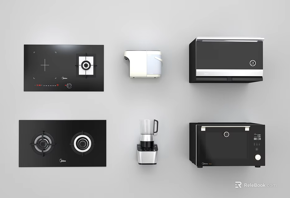 Modern Kitchen Appliances Featuring Cooktop Oven Microwave Blender And Coffee Maker 3d model 