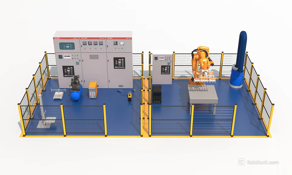 Smart Industrial Robot Workstation With Control Cabinets Safety Fence And Automation Equipment 3d model 