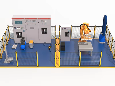 Smart Industrial Robot Workstation With Control Cabinets Safety Fence And Automation Equipment 3d model