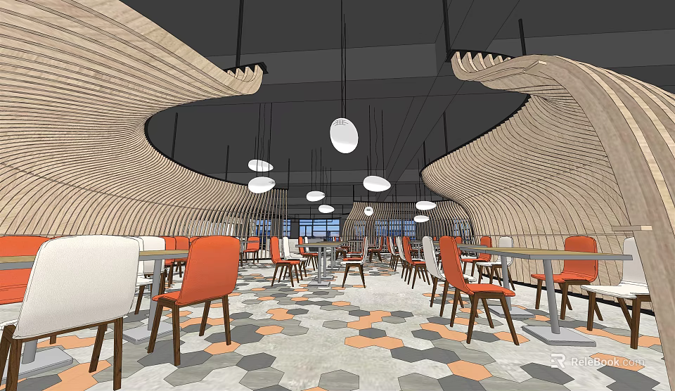 Modern Restaurant Interior With Curved Wooden Design Hanging Pendant Lights Orange White Chairs Hexagonal Tiles 3d model 
