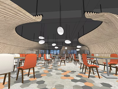 Modern Restaurant Interior With Curved Wooden Design Hanging Pendant Lights Orange White Chairs Hexagonal Tiles 3d model