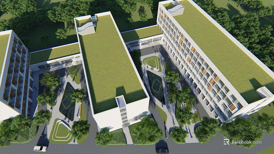 Modern School Building With Green Roof Surrounding Trees And Open Green Spaces 3d model 
