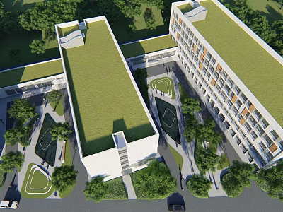 Modern School Building With Green Roof Surrounding Trees And Open Green Spaces 3d model