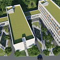 Modern School Building With Green Roof Surrounding Trees And Open Green Spaces