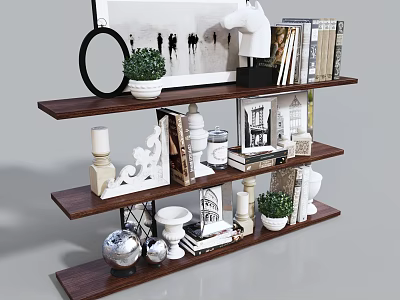 Wooden Shelf Decorative Items Set With Potted Plants Candles Books And Figurines 3d model
