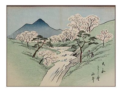 Traditional Japanese Landscape Featuring Mountain Stream Cherry Blossom Trees Green Hills And People 3d model