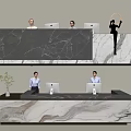 Elegant Modern Reception Desk With Marble Countertop Receptionists Laptops And Green Plants