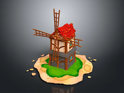 Cartoon Style Miniature Windmill With Wooden Structure Red Roof And Green Grass Base 3d model