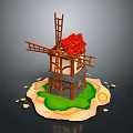 Cartoon Style Miniature Windmill With Wooden Structure Red Roof And Green Grass Base