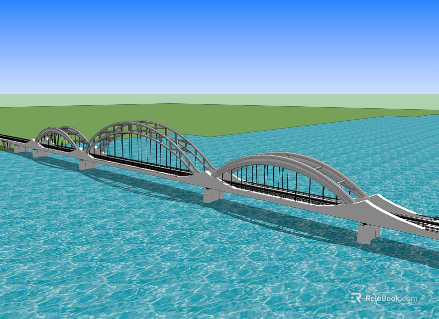 Scenic Arch Bridge Spanning Over Blue Water With Green Grass Background 3d model