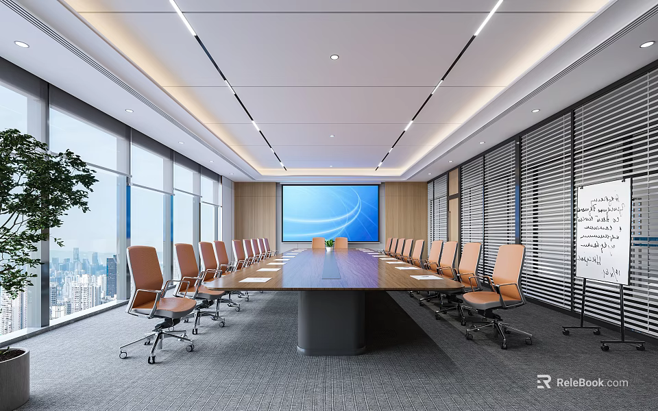 Modern Conference Room With Long Meeting Table Orange Chairs Large Window And City View 3d model 