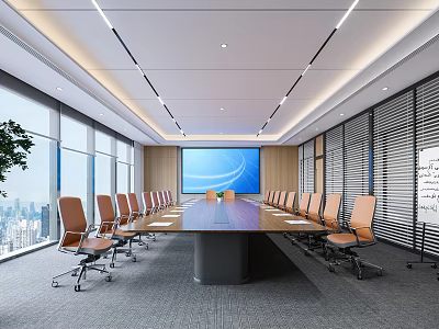 Modern Conference Room With Long Meeting Table Orange Chairs Large Window And City View 3d model