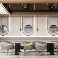 Modern Restaurant Interior With Round Pendant Lights Open Kitchen Dining Table And Green Chairs