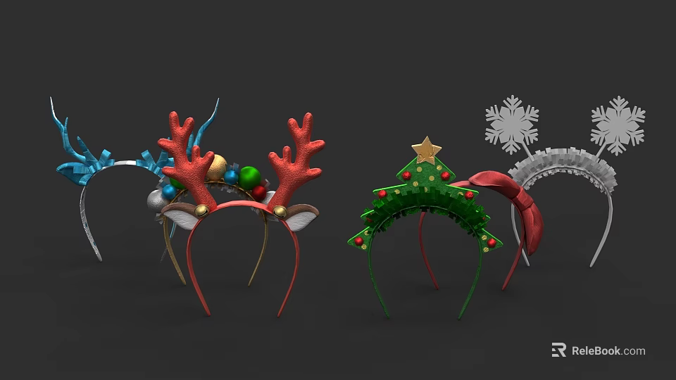 Festive Christmas Hats with Reindeer Antlers Christmas Tree and Snowflake Decorations 3d model 