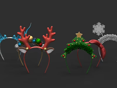 Festive Christmas Hats with Reindeer Antlers Christmas Tree and Snowflake Decorations 3d model