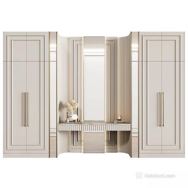 Elegant Modern Dresser With Mirror And Decorative Items On Light Colored Cabinets 3d model 