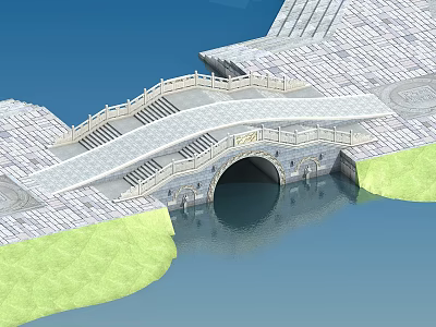 Stone Arch Bridge With Steps Connecting Stone Pavement Over Water And Green Area 3d model