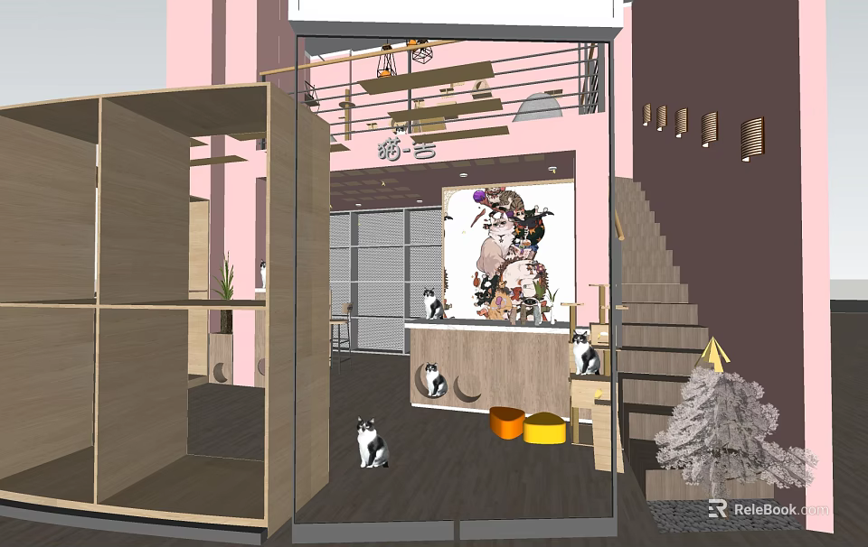 Pink Mall Pet Shop Interior With Cats Pet Bowls Staircase Plants And Decorative Painting 3d model 