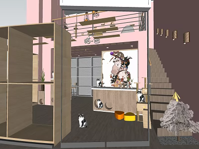 Pink Mall Pet Shop Interior With Cats Pet Bowls Staircase Plants And Decorative Painting 3d model
