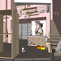 Pink Mall Pet Shop Interior With Cats Pet Bowls Staircase Plants And Decorative Painting