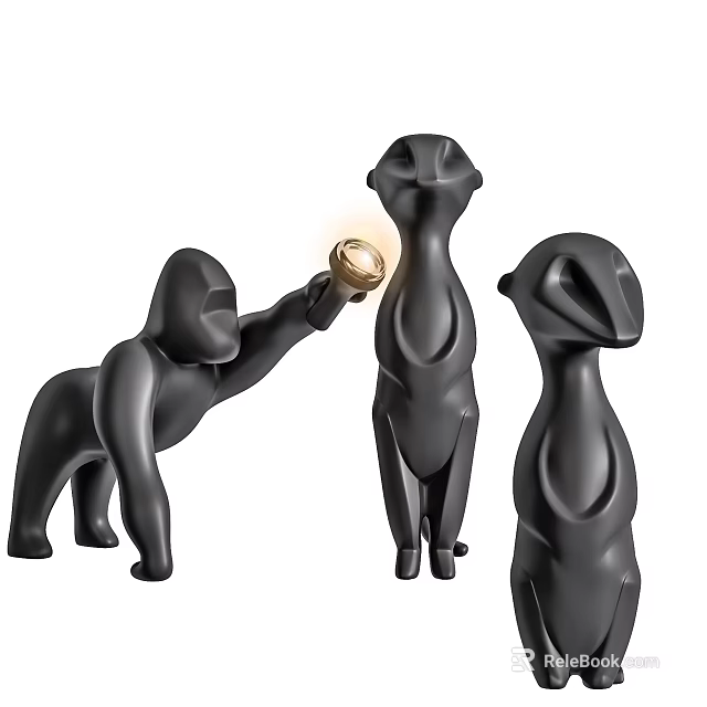 Illuminated Table Lamp Held by Black Gorilla Figurine with Other Animal Statues 3d model 