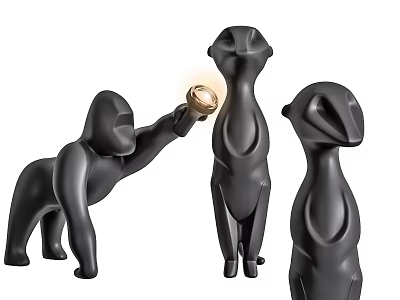 Illuminated Table Lamp Held by Black Gorilla Figurine with Other Animal Statues 3d model