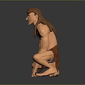 Shirtless Muscular Male Character with Long Hair in Brown Shorts Crouching Pose