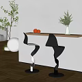 Modern Bar Counter With Wooden Top Spiral Black White Stools And Green Plants