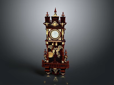 Antique Grandfather Clock With Ornate Carvings Gold Accents And Round Face 3d model