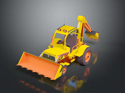 Yellow Wheeled Backhoe Loader With Orange Front Bucket And Excavator Arm 3d model