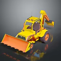 Yellow Wheeled Backhoe Loader With Orange Front Bucket And Excavator Arm