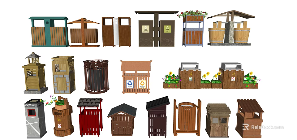 Public Facilities Various Waste Sorting Trash Bins With Diverse Designs And Flower Boxes 3d model