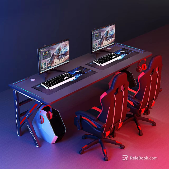 Gaming Desk Setup With Dual Monitors Keyboards And Red Gaming Chairs 3d model 