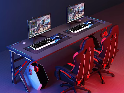 Gaming Desk Setup With Dual Monitors Keyboards And Red Gaming Chairs 3d model