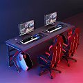 Gaming Desk Setup With Dual Monitors Keyboards And Red Gaming Chairs