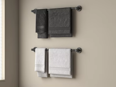 Four Dark And Light Colored Towels Hanging On Metal Racks Over Bathroom Wall With Blinds 3d model