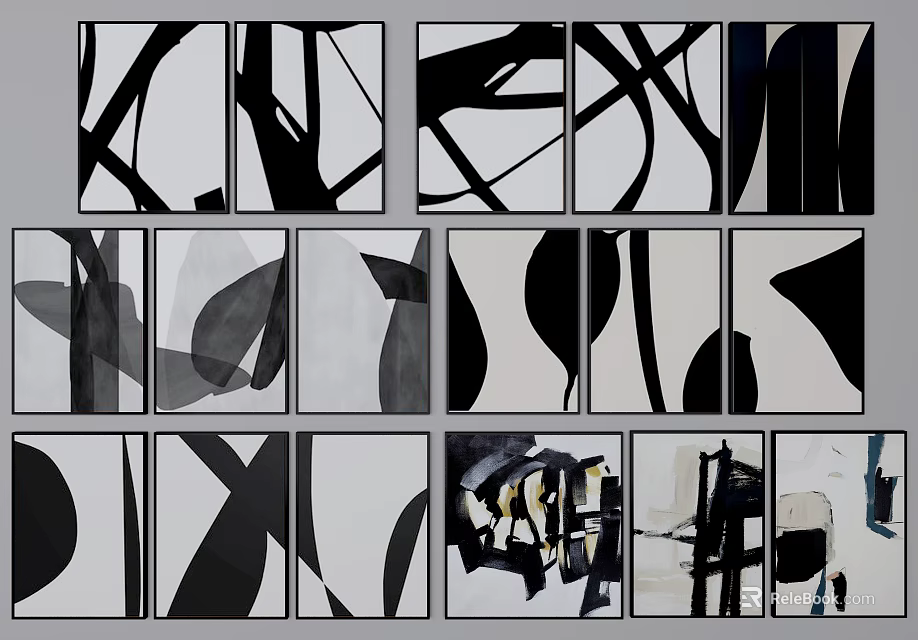 Abstract Black White Geometric Art Paintings Multiple Panels Modern Interior Decor 3d model