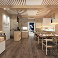 Modern Wooden Restaurant Interior With Dining Tables Chairs Display Shelves With Bottles And Hanging Lights