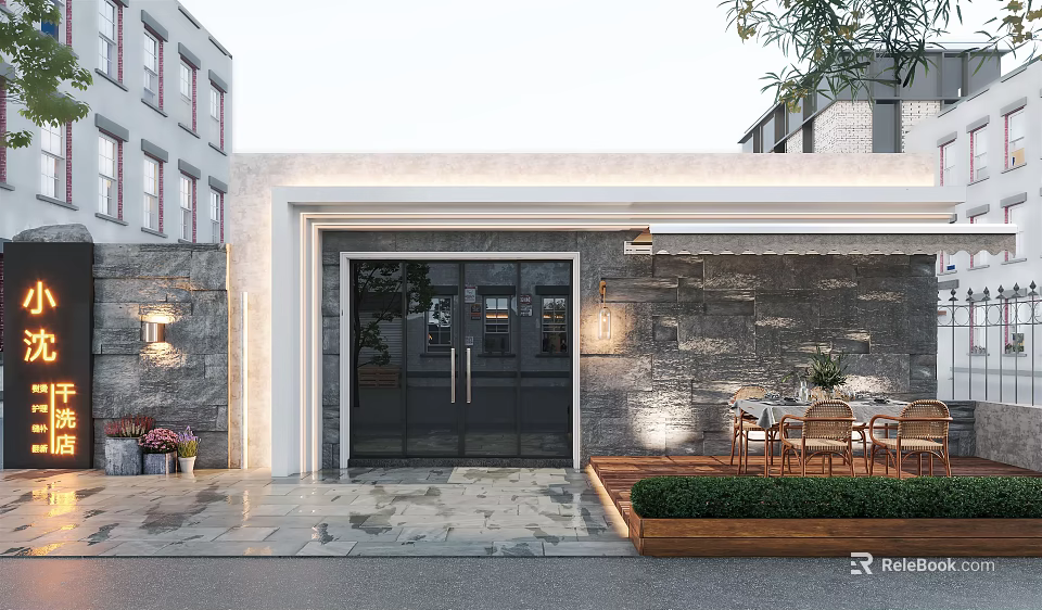 Modern Storefront With Black Glass Door Stone Wall Wall Lamp Outdoor Tables Chairs Flower Bed 3d model 