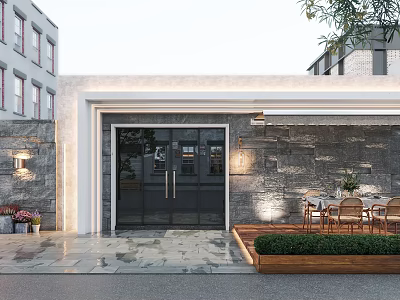 Modern Storefront With Black Glass Door Stone Wall Wall Lamp Outdoor Tables Chairs Flower Bed 3d model