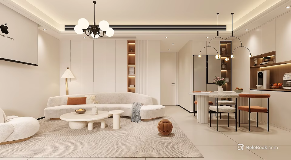 Modern Living and Dining Room Interior With White Sofa Round Coffee Table And Pendant Lights 3d model 
