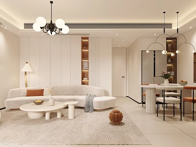 Modern Living and Dining Room Interior With White Sofa Round Coffee Table And Pendant Lights 3d model