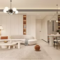 Modern Living and Dining Room Interior With White Sofa Round Coffee Table And Pendant Lights