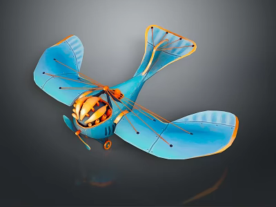 Blue Classic Biplane Passenger Airplane Model With Orange Wing And Propeller Details 3d model