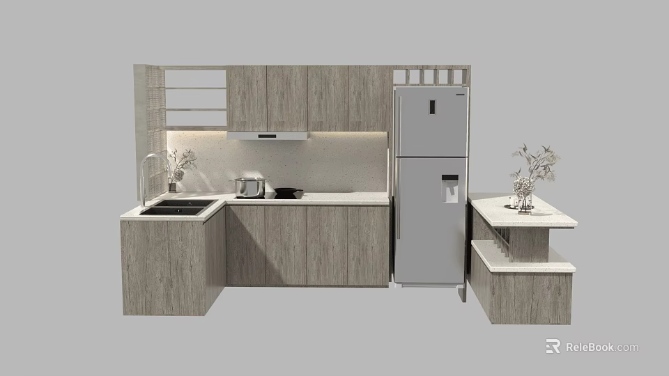 Modern Kitchen Interior Design With Wooden Cabinets Countertop Sink And Refrigerator 3d model 