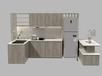 Modern Kitchen Interior Design With Wooden Cabinets Countertop Sink And Refrigerator 3d model